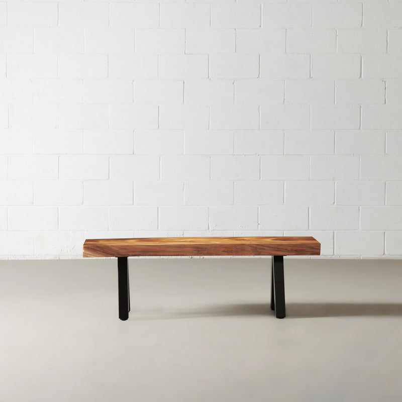 Suar Solid Wood Live Edge Bench with Black Pyramid-Shaped Legs/Natural Color