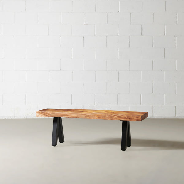 Suar Solid Wood Live Edge Bench with Black Pyramid-Shaped Legs/Natural Color