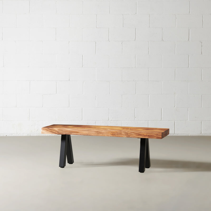 Suar Solid Wood Live Edge Bench with Black Pyramid-Shaped Legs/Natural Color