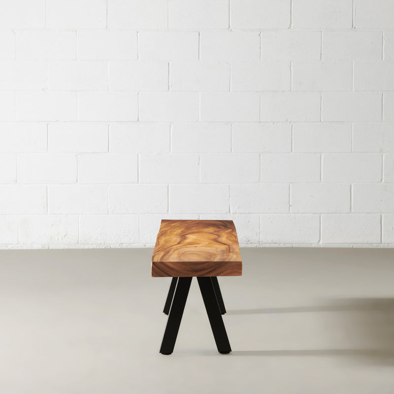 Suar Solid Wood Live Edge Bench with Black Pyramid-Shaped Legs/Natural Color