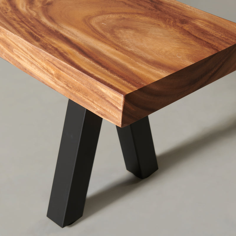 Suar Solid Wood Live Edge Bench with Black Pyramid-Shaped Legs/Natural Color