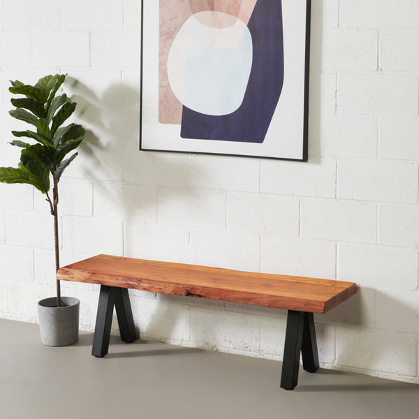 Acacia Live Edge Bench with Black Pyramid-Shaped Legs/Natural Color